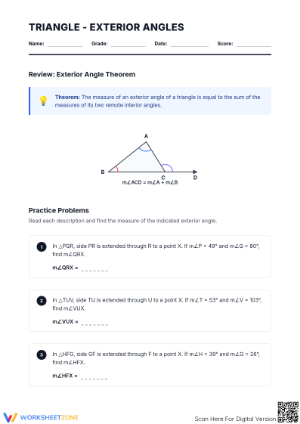 Printable Triangle Exterior Angles Worksheet | Grade 8