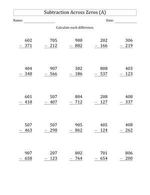 Subtraction Across Zeros Worksheet