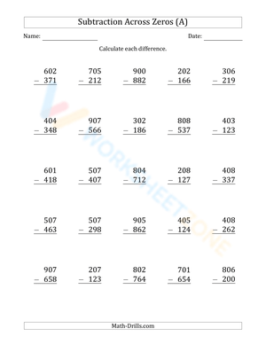 Subtraction Across Zeros Worksheet
