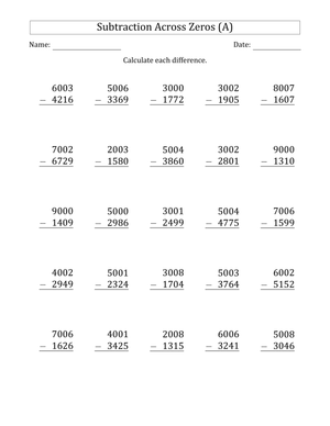 Subtraction Across Zeros Practice Worksheet