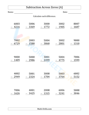 Subtraction Across Zeros Practice Worksheet