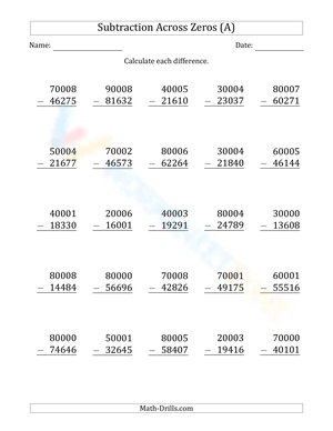 Subtraction Across Zeros: Math Worksheet