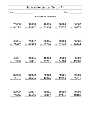 Subtraction Across Zeros: Math Worksheet