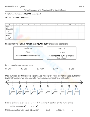 Perfect Squares and Approximating Square Roots Worksheet