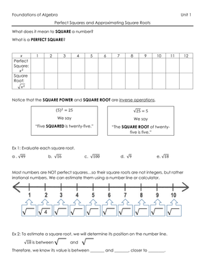 Perfect Squares and Approximating Square Roots Worksheet