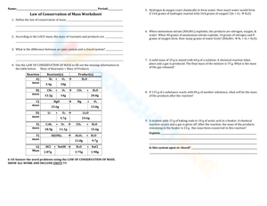 Law of Conservation of Mass Worksheet