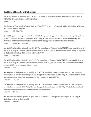 Latent and Specific Heat Problems Worksheet