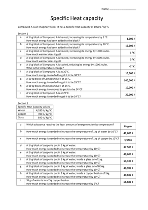 Specific Heat Capacity Practice Worksheet