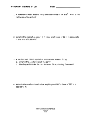 Newton's Second Law Worksheet