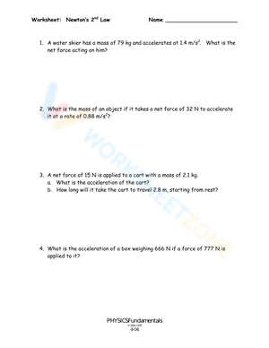 Newton's Second Law Worksheet