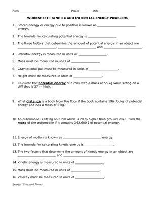 Kinetic and Potential Energy Problems Worksheet