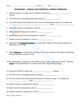 Kinetic and Potential Energy Problems Worksheet