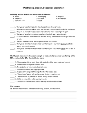 Weathering, Erosion, Deposition Worksheet