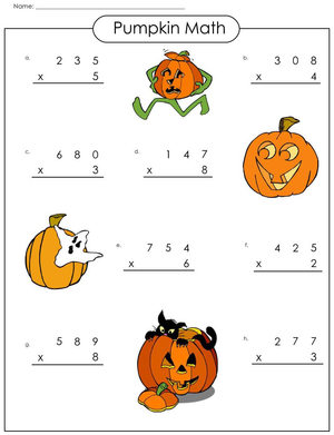 Printable Pumpkin Math: 3-Digit Multiplication Grade 4