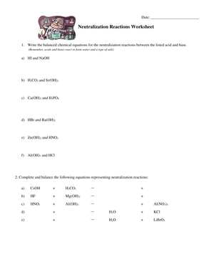 Neutralization Reactions Worksheet with Balanced Equations