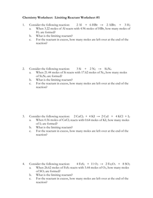 Limiting Reactant Worksheet