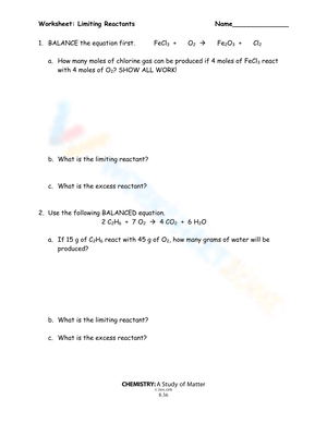 Free PrintableLimiting Reactant Worksheets for Students