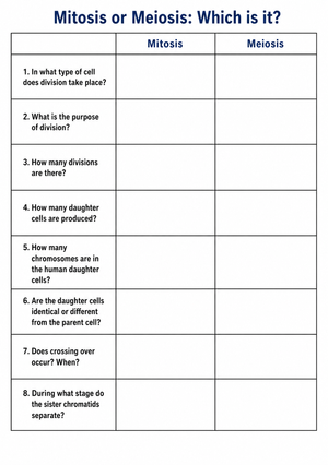 Mitosis vs Meiosis Comparison | Essential Biology Worksheet