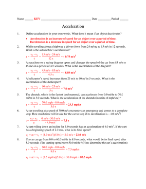 Calculate the Acceleration Worksheet