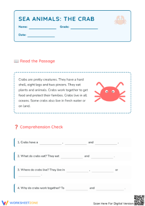 Printable Crab Reading Comprehension | Grade 3 ELA