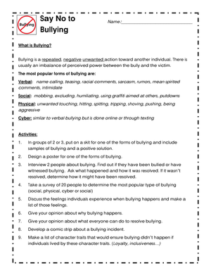 Say No to Bullying: A Worksheet on Bullying Prevention