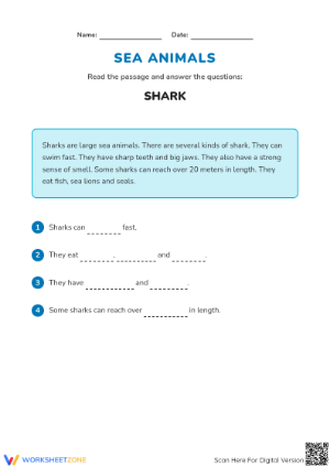 Shark Reading Comprehension — Printable Grade 3 Worksheet