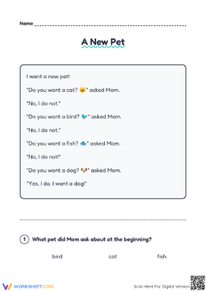 A New Pet Reading Worksheet | Grade 2 Essential