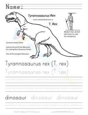 Handwriting Worksheet With Tyrannosaurus Rex 