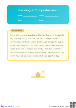Printable At the Beach Reading Comprehension - Grade 2-5