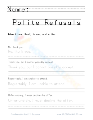 Learning Polite Refusals Handwriting Worksheet