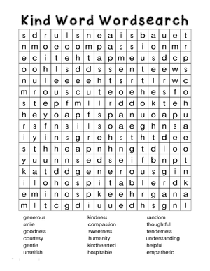 Kindness Word Search Puzzle Worksheet