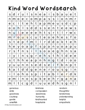 Kindness Word Search Puzzle Worksheet