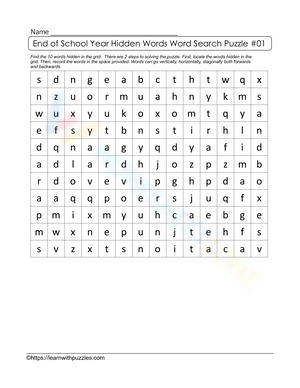 End of School Year Hidden Words Puzzle