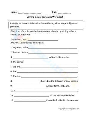 Writing Simple Sentences Practice Worksheet