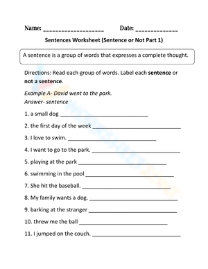 Sentence or Not Worksheet: Identify Sentences