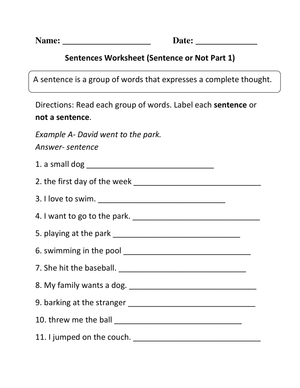 Sentence or Not Worksheet: Identify Sentences