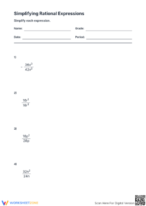 Printable Simplifying Rational Expressions Worksheet: Grades 9-10