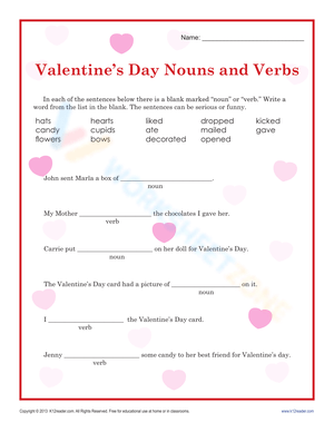 Valentine's Day Nouns and Verbs Worksheet