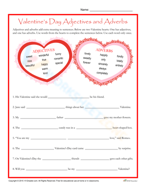 Valentine's Day Adjectives and Adverbs Worksheet