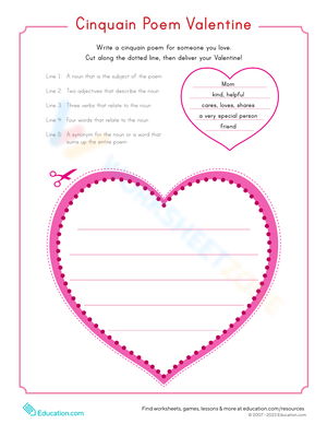 Valentine's Day Cinquain Poem Worksheet