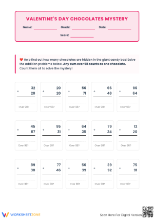 Grade 3-5 Valentine Addition Mystery — Printable Worksheet