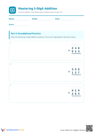 Printable 3-Digit Addition Worksheet | Grade 3-5 Math