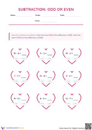 Printable Subtraction Odd or Even Worksheet | Grade 3 Math