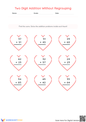 Heart Addition Worksheet | Grade 3 Printable Math