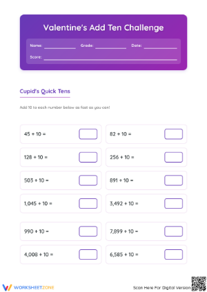 Valentine's Add Ten Worksheet | Grade 2-5 Printable