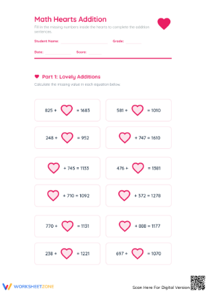 Essential Math Hearts Addition Worksheet | Grade 3-5