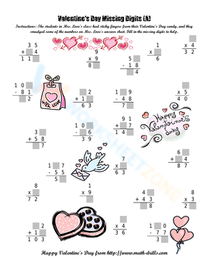 Valentine's Day Missing Digits Worksheet
