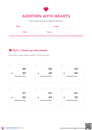 Printable Valentine Addition Worksheet: Grade 4 Math