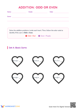 Printable Addition Odd/Even Valentine Worksheet | Grades 3-5