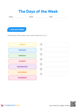 Grade 1 Days of the Week — Printable No-Prep Worksheet